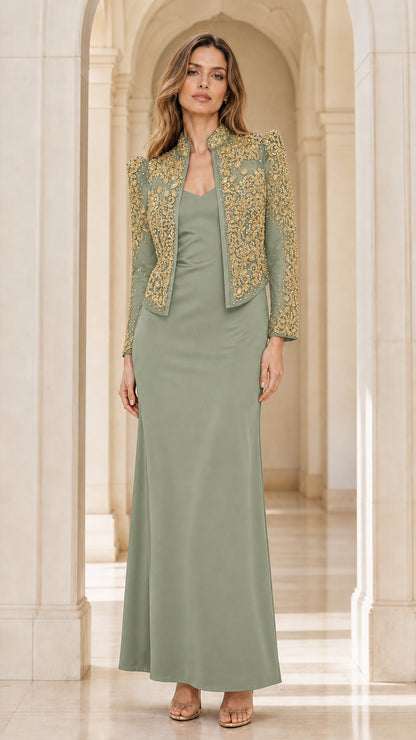 Sage green formal evening dress and jacket set