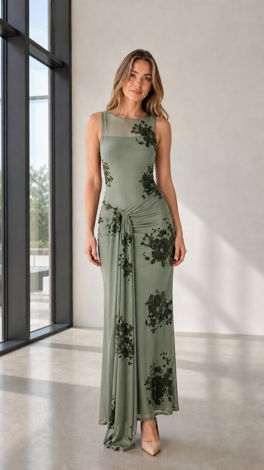 Front view of sage green evening dress