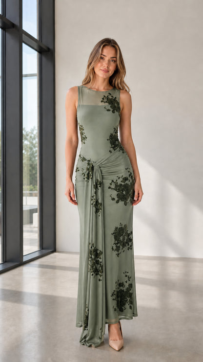 Front view of sage green evening dress