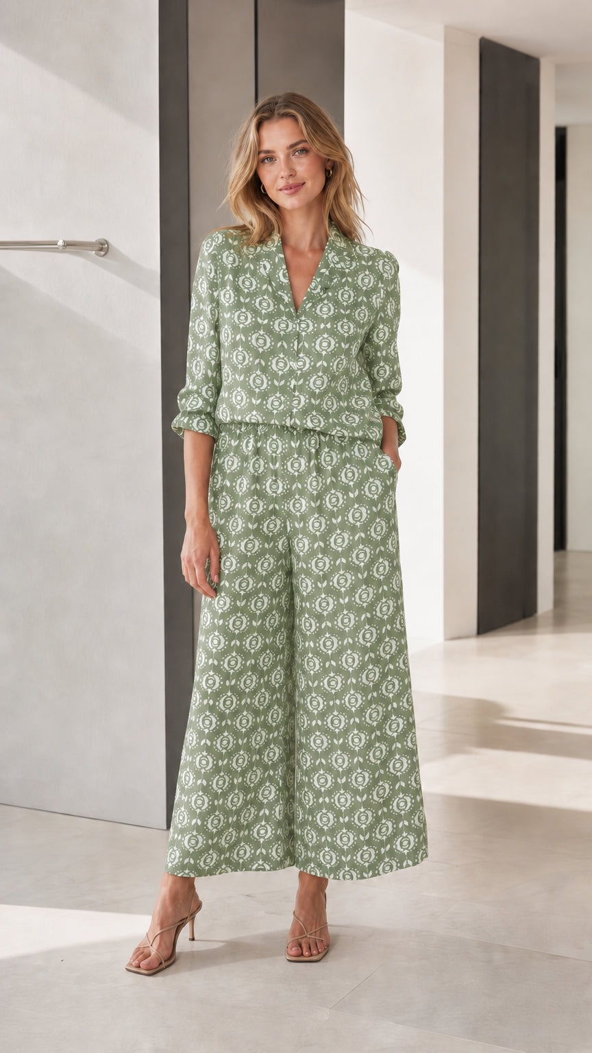Sage green printed wide-leg jumpsuit variant