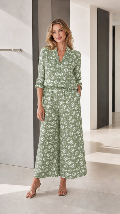 Sage green printed wide-leg jumpsuit variant