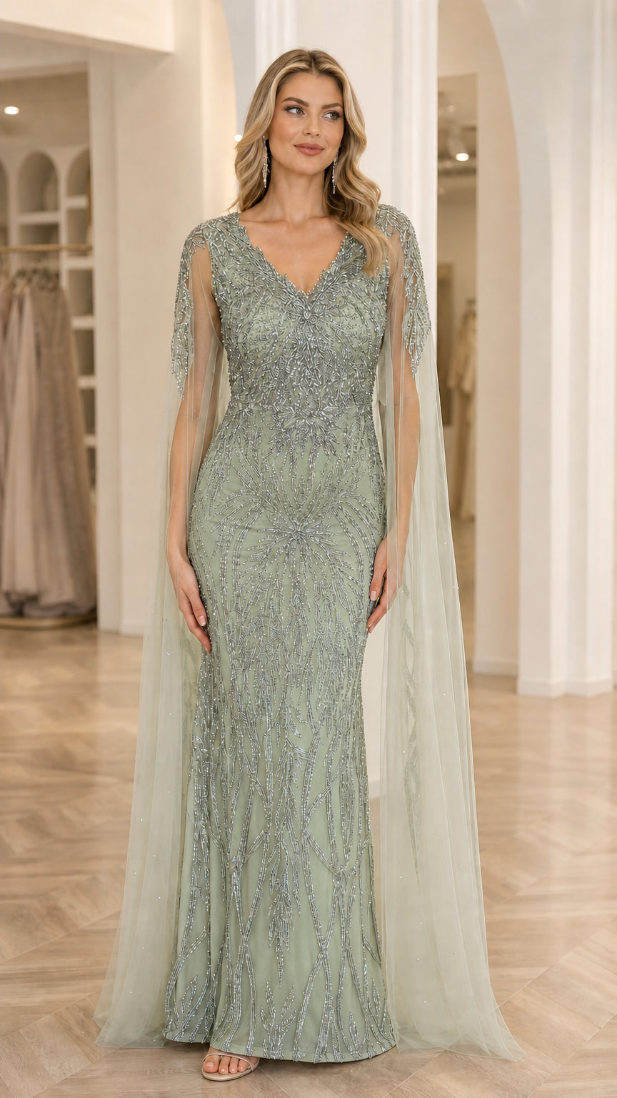 Front view of model wearing Sage Green sequin embroidered V-neck evening dress with shoulder cape