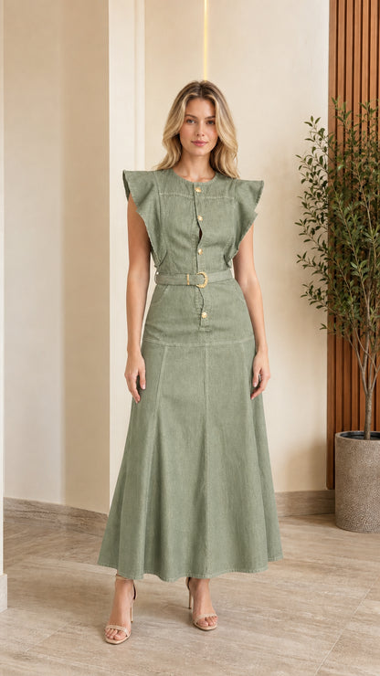 Woman wearing Sage Green flutter sleeve belted denim maxi dress