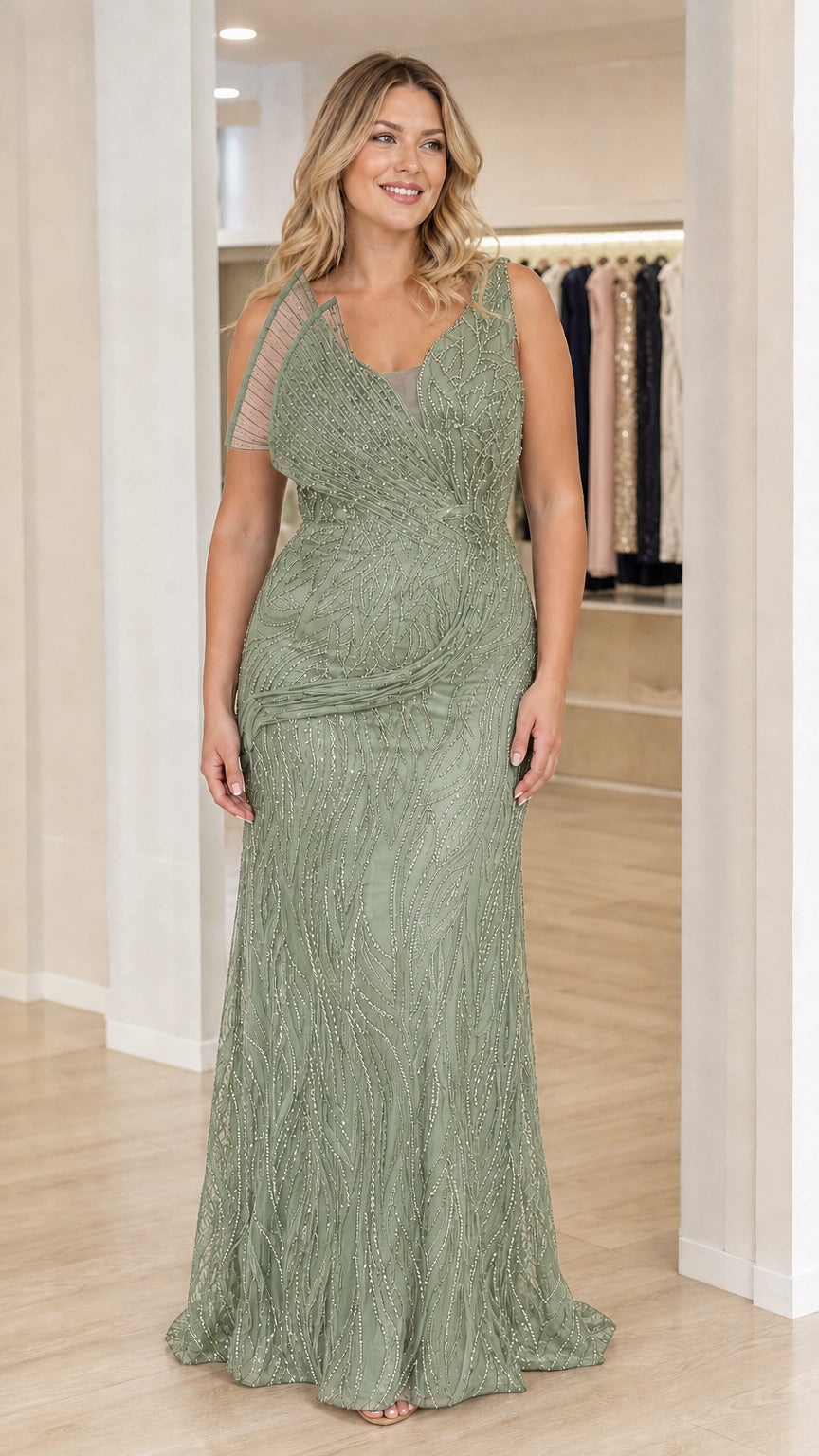 Sage green beaded floor-length formal gala gown