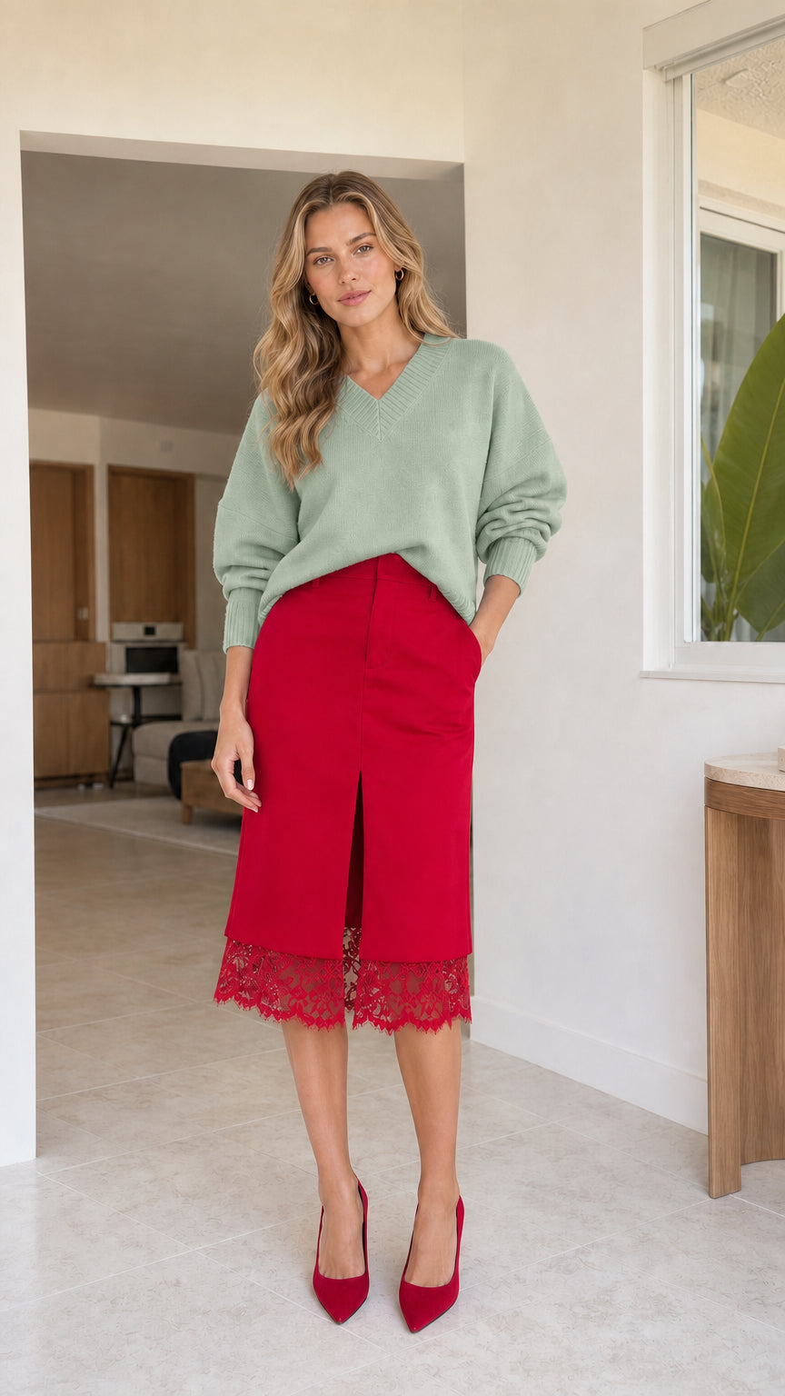 Red lace trim front slit midi skirt styled with a sage green relaxed knit sweater