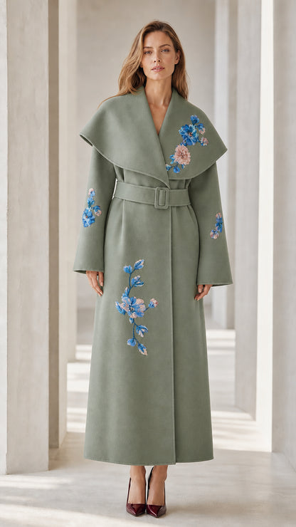 Front view of Sage Green floral embroidered long trench coat
