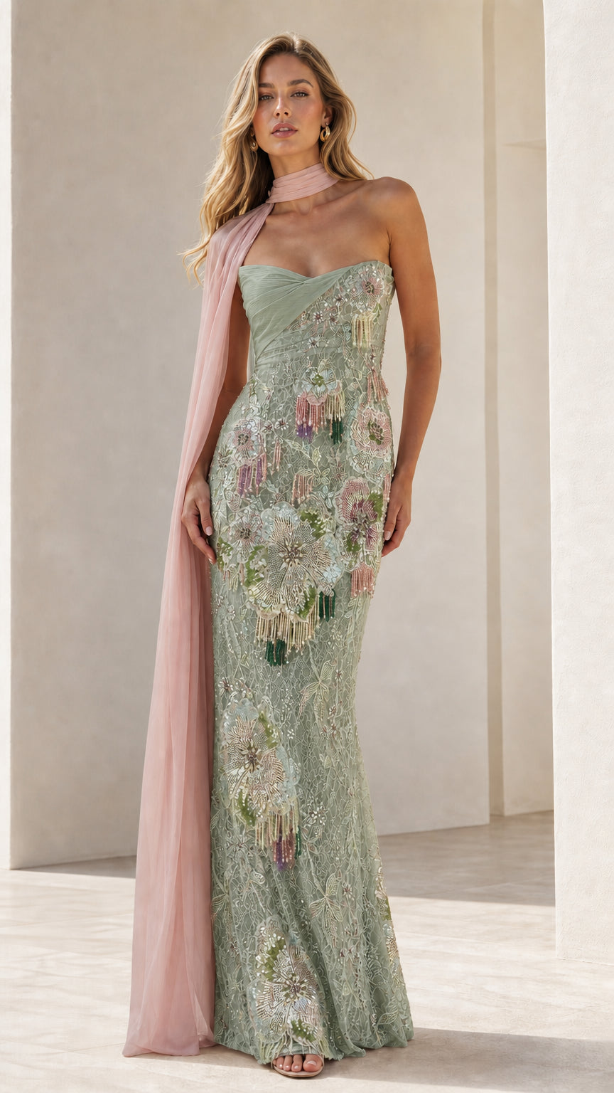 Front view of sage green floral beaded evening dress