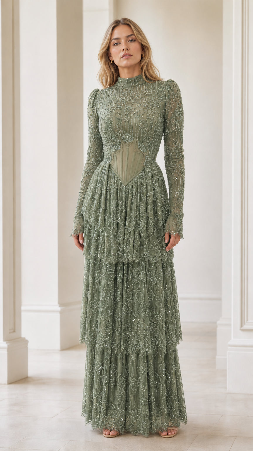 Model wearing sage green beaded high neck tiered evening dress