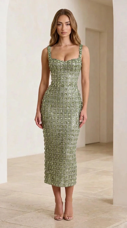 Model wearing sage green gemstone midi dress