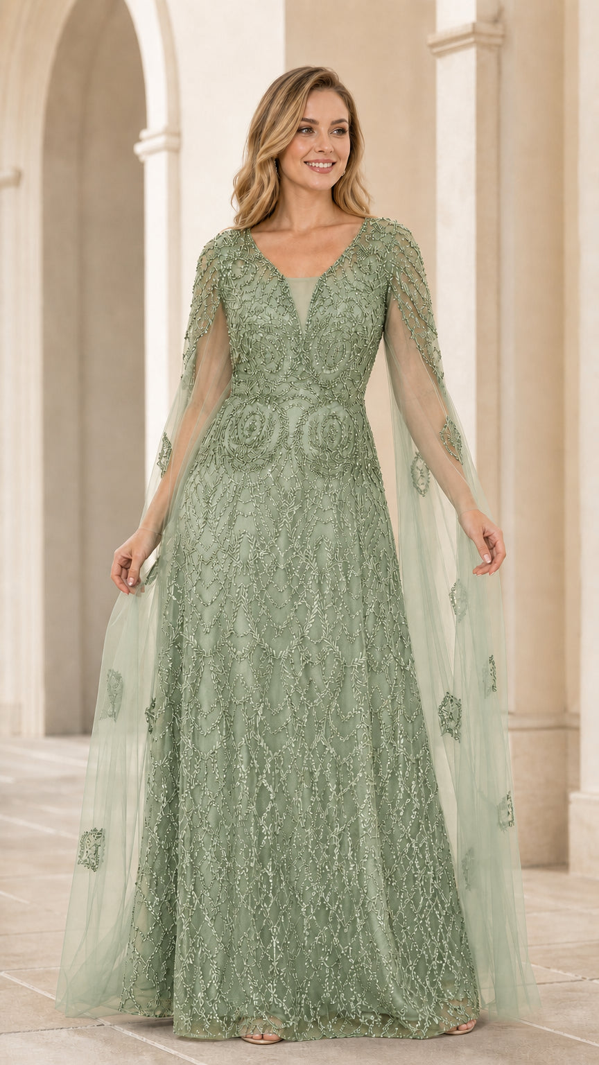 Sage green embroidered beaded formal maxi gown with capelet