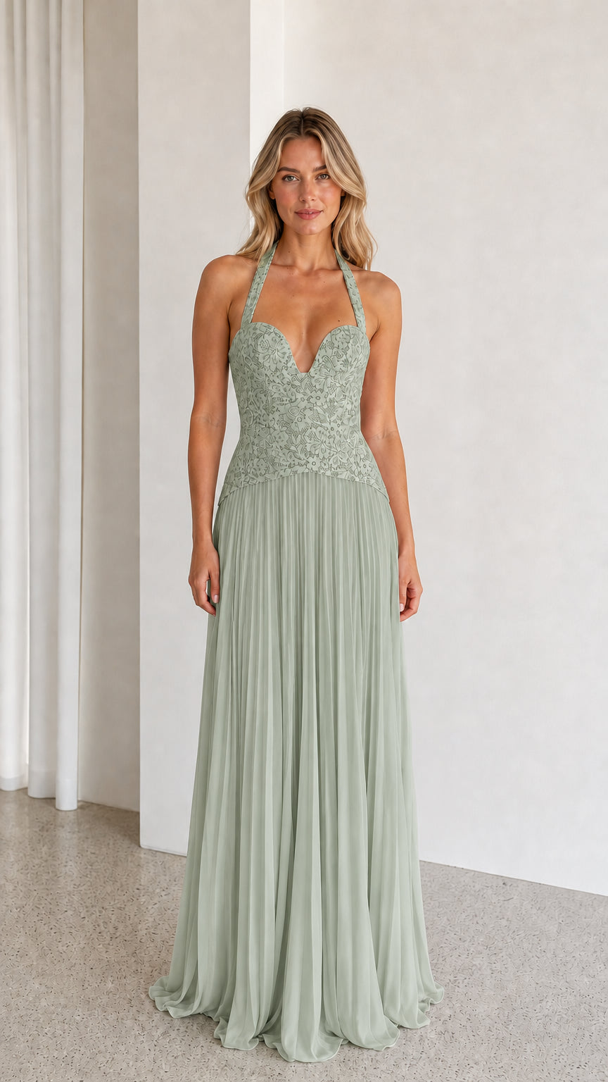 Sage green halter neck lace and pleated maxi dress