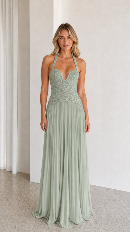 Sage green halter neck lace and pleated maxi dress