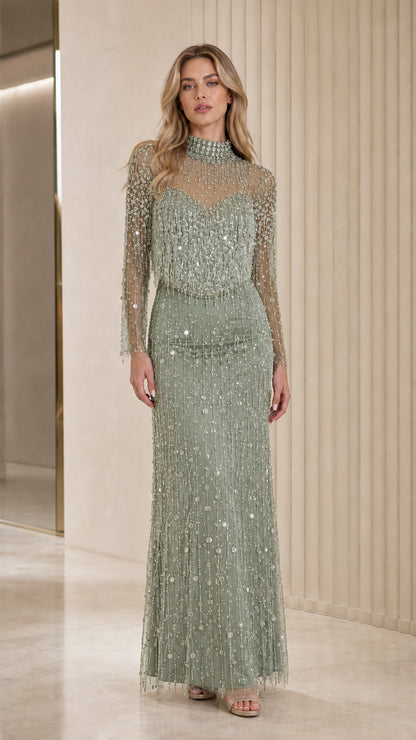 Full length view of sage green beaded formal gown