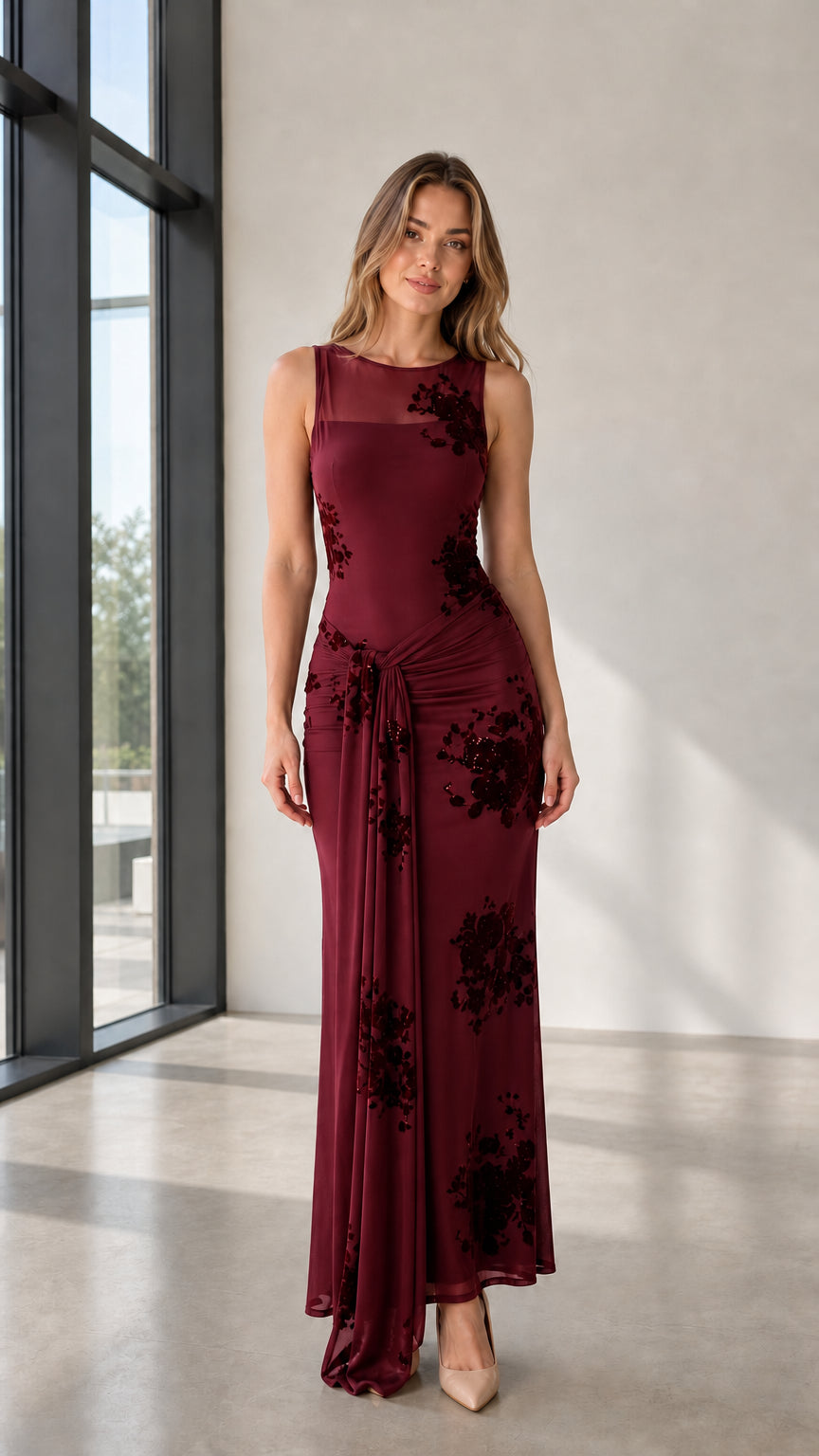 Front view of burgundy floral applique gown
