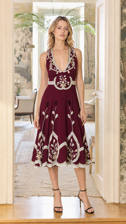 Burgundy color variant of embroidered midi dress