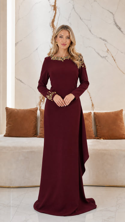 Burgundy wine long sleeve formal gown with beaded details
