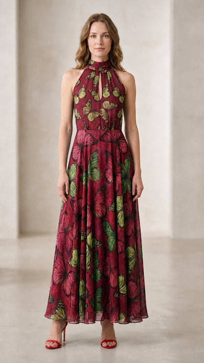 Front view of woman modeling burgundy butterfly print halter maxi dress