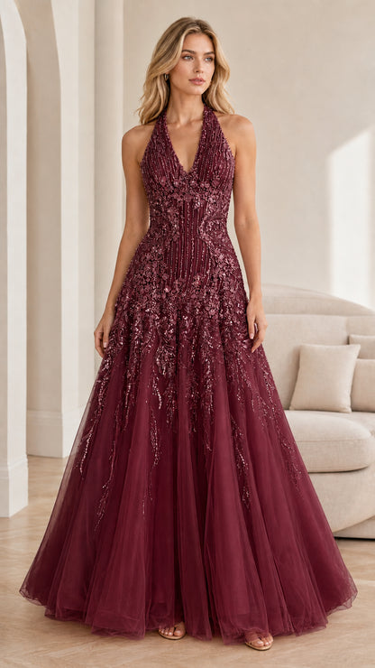 Front view of burgundy embroidered halter evening gown