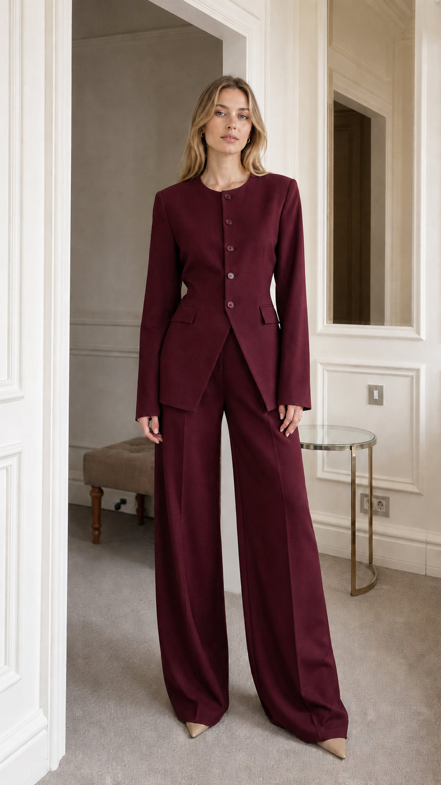 Full view of burgundy professional two-piece suit
