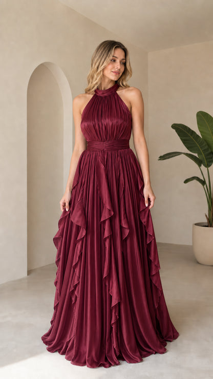Full length view in burgundy