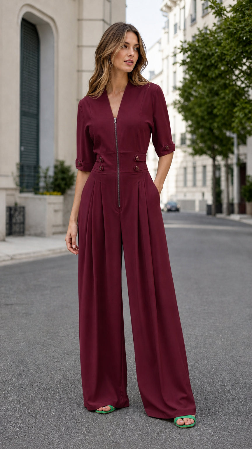 Burgundy wine red front-zip wide-leg jumpsuit full front view