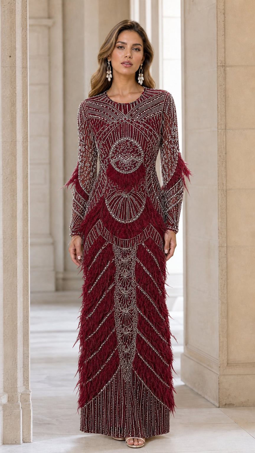 Front view of Burgundy beaded feather evening maxi dress
