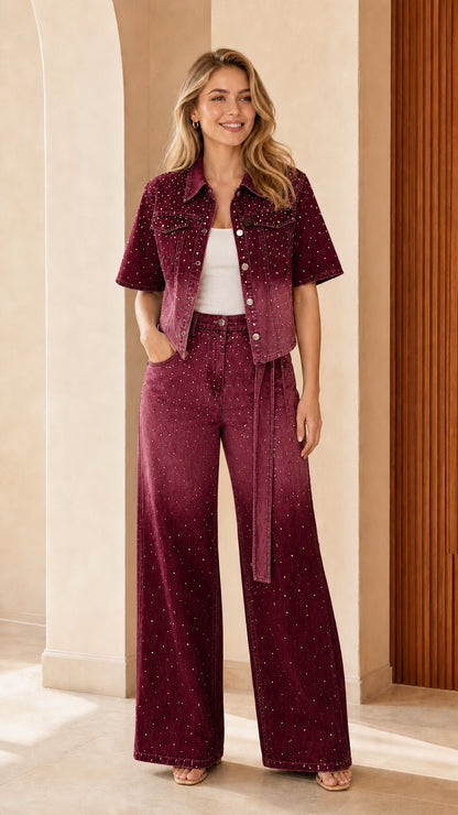 Front view of burgundy ombre rhinestone denim cropped jacket and pants set
