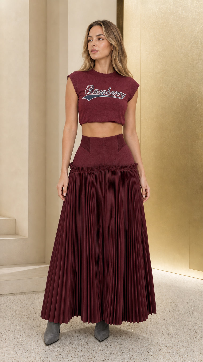 Burgundy color variant of the pleated maxi skirt set