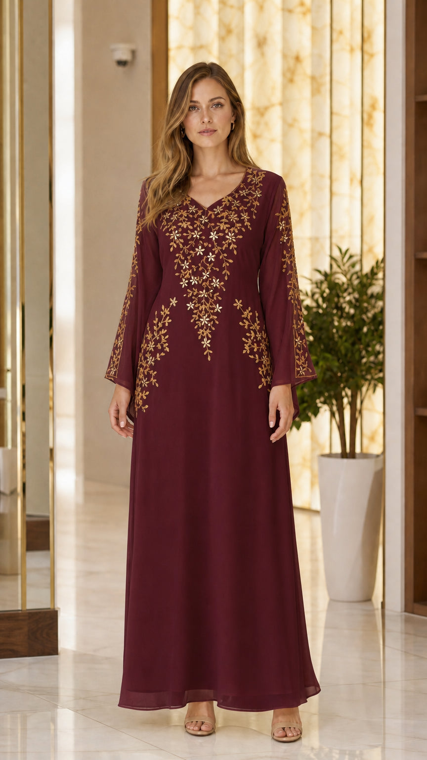Burgundy long sleeve kaftan maxi dress with gold floral embroidery