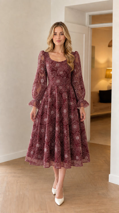 Model wearing burgundy wine red floral lace embroidered A-line dress