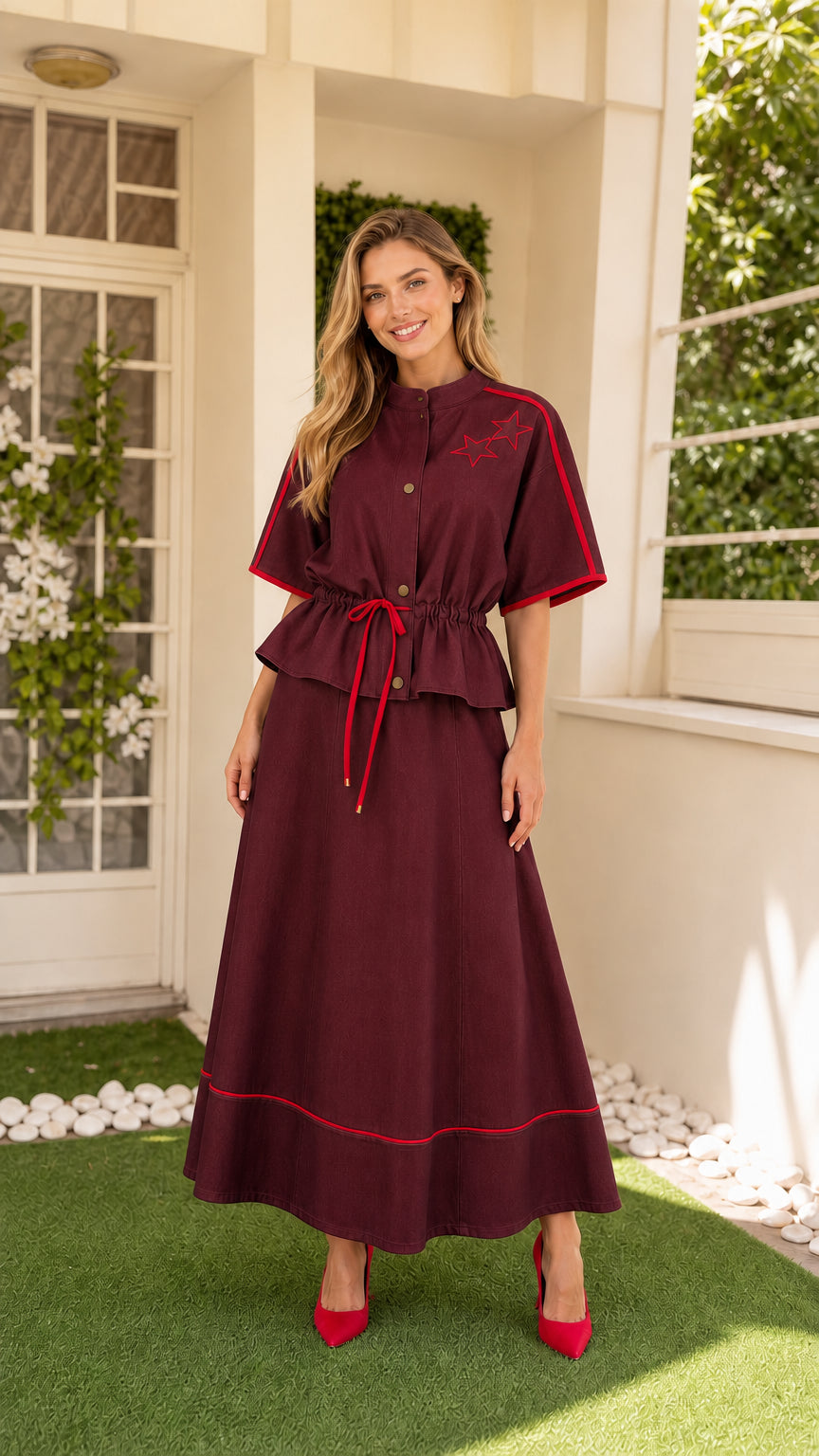 Front view of Burgundy two-piece maxi dress set