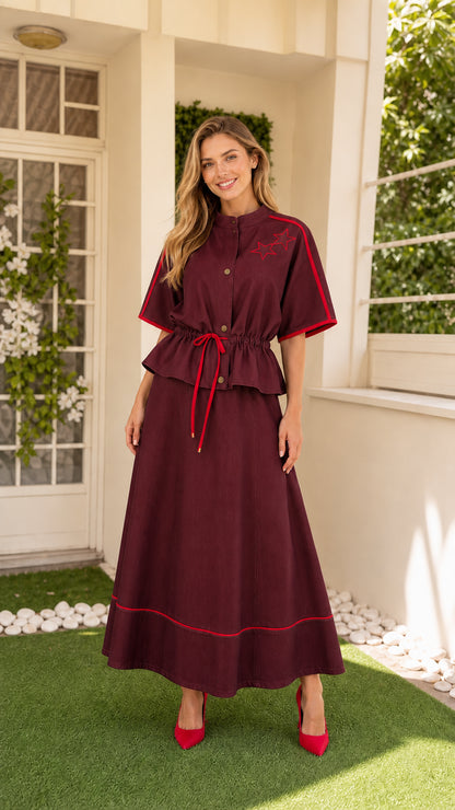 Front view of Burgundy two-piece maxi dress set
