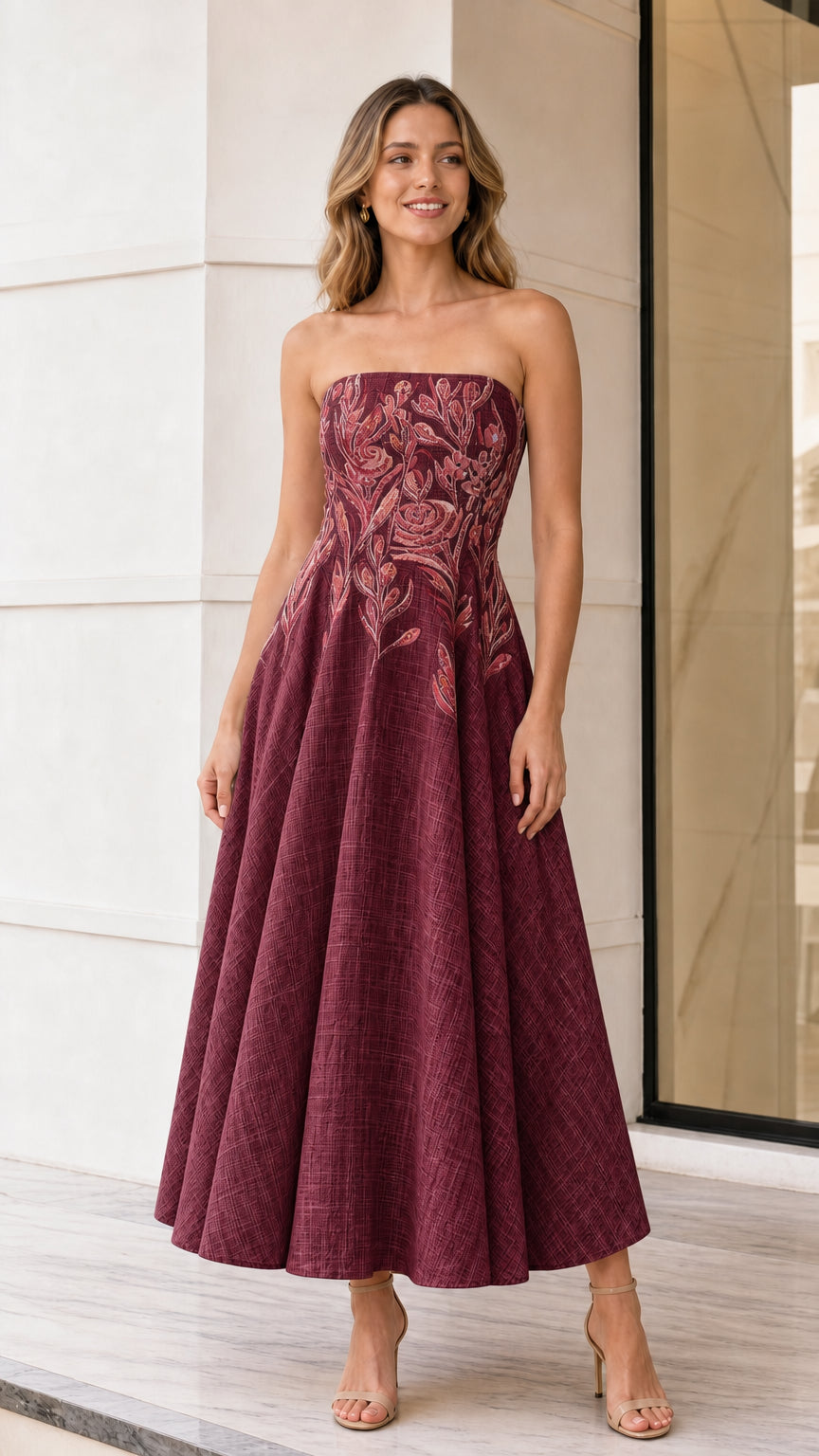 Front view of model wearing burgundy strapless embroidered midi dress