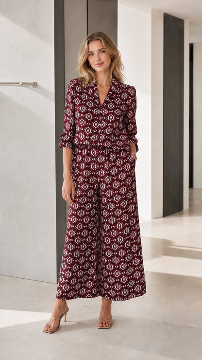 Burgundy printed wide-leg jumpsuit variant