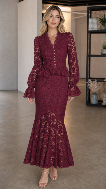 Model wearing burgundy long-sleeve lace peplum dress