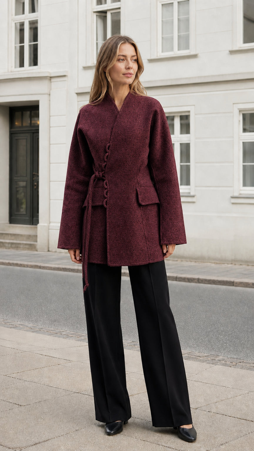 Front view of the women's burgundy wrap coat with tailored waist detail