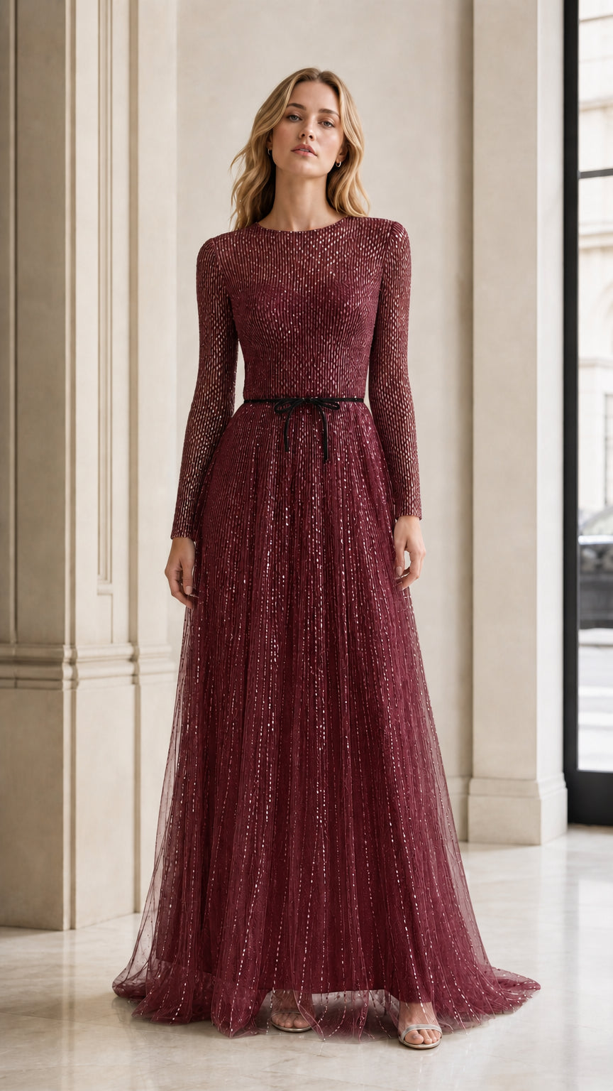 Front view of model in burgundy sequin evening gown
