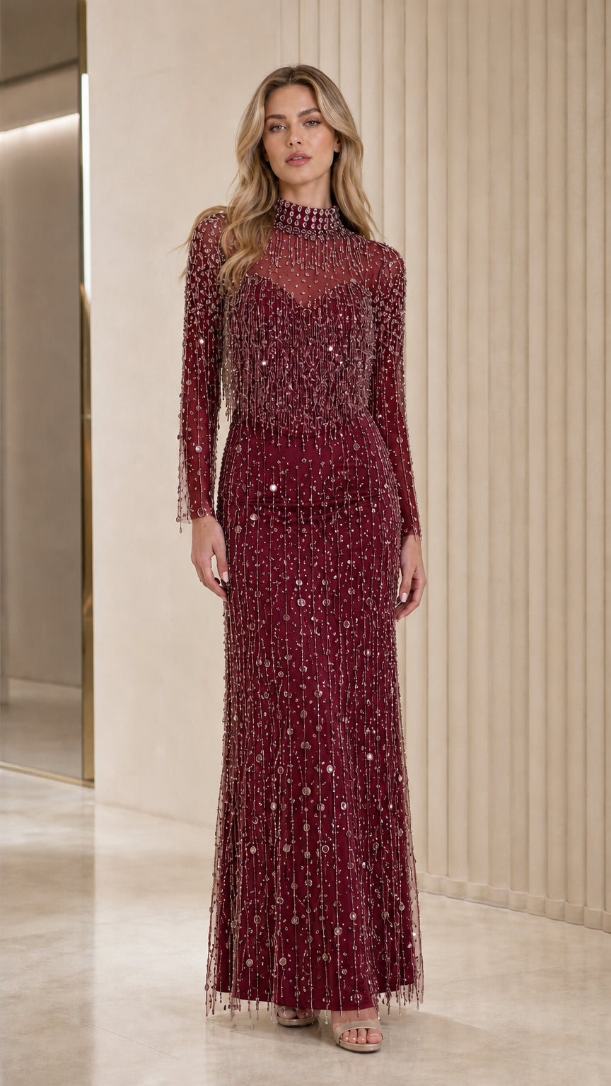 Full length view of burgundy red crystal embellished evening dress