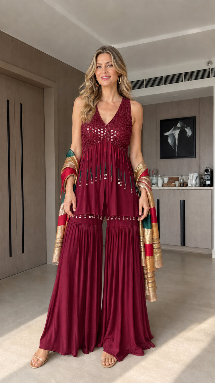 Wine red sequin-embellished sharara suit set with pleated flared pants