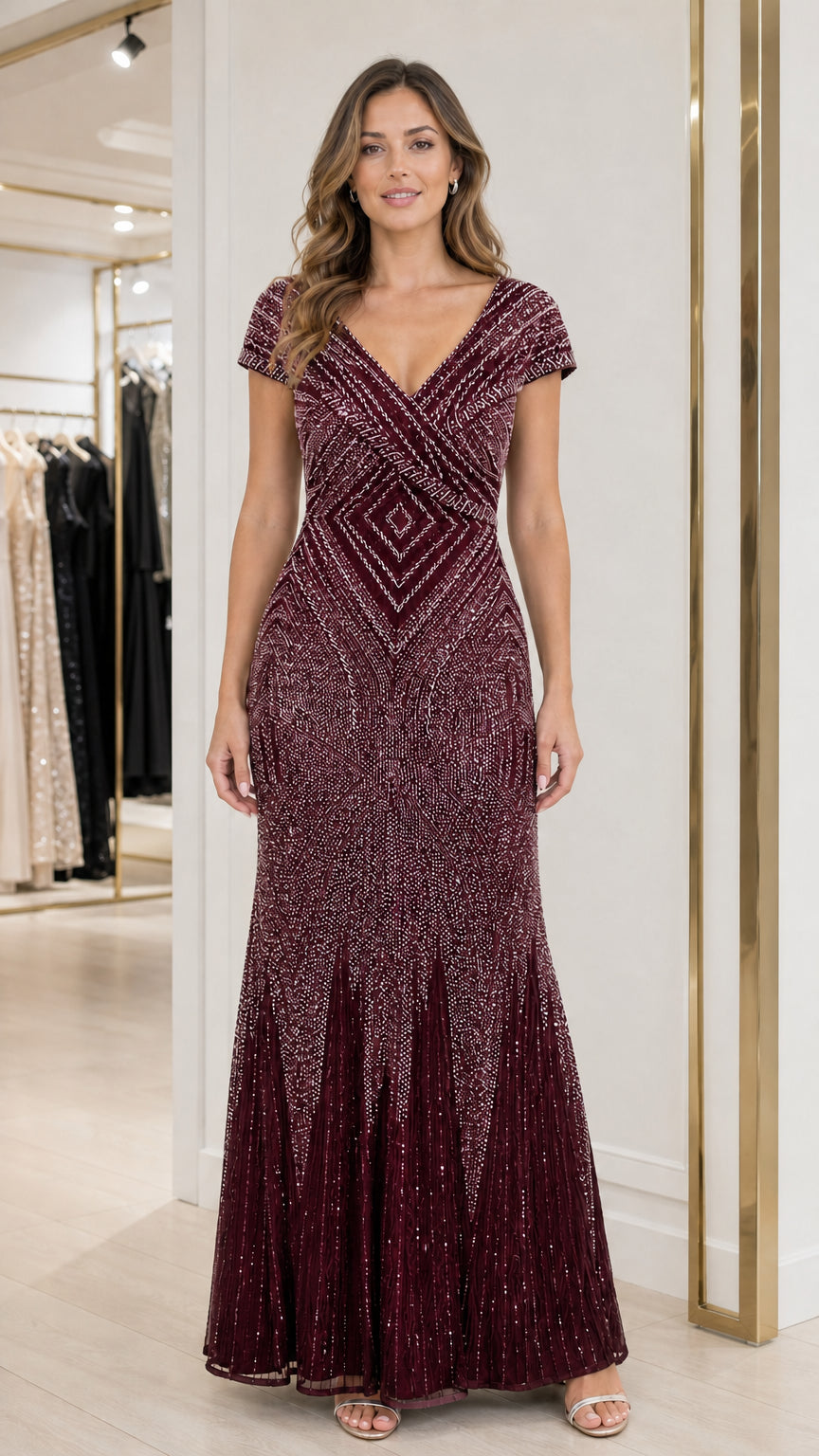 Front view of burgundy wine red beaded V-neck mermaid maxi gown