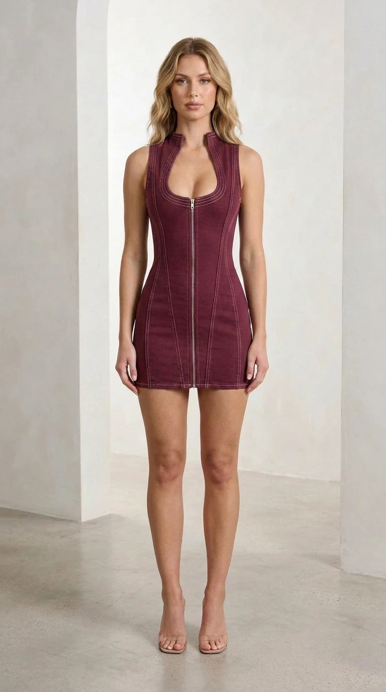 Front view of burgundy denim mini dress on model