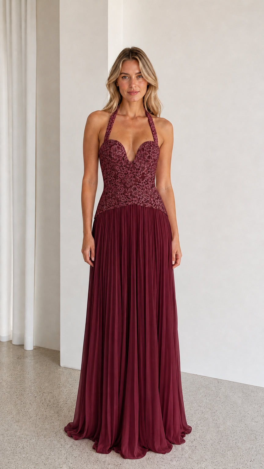 Burgundy red halter neck formal evening dress