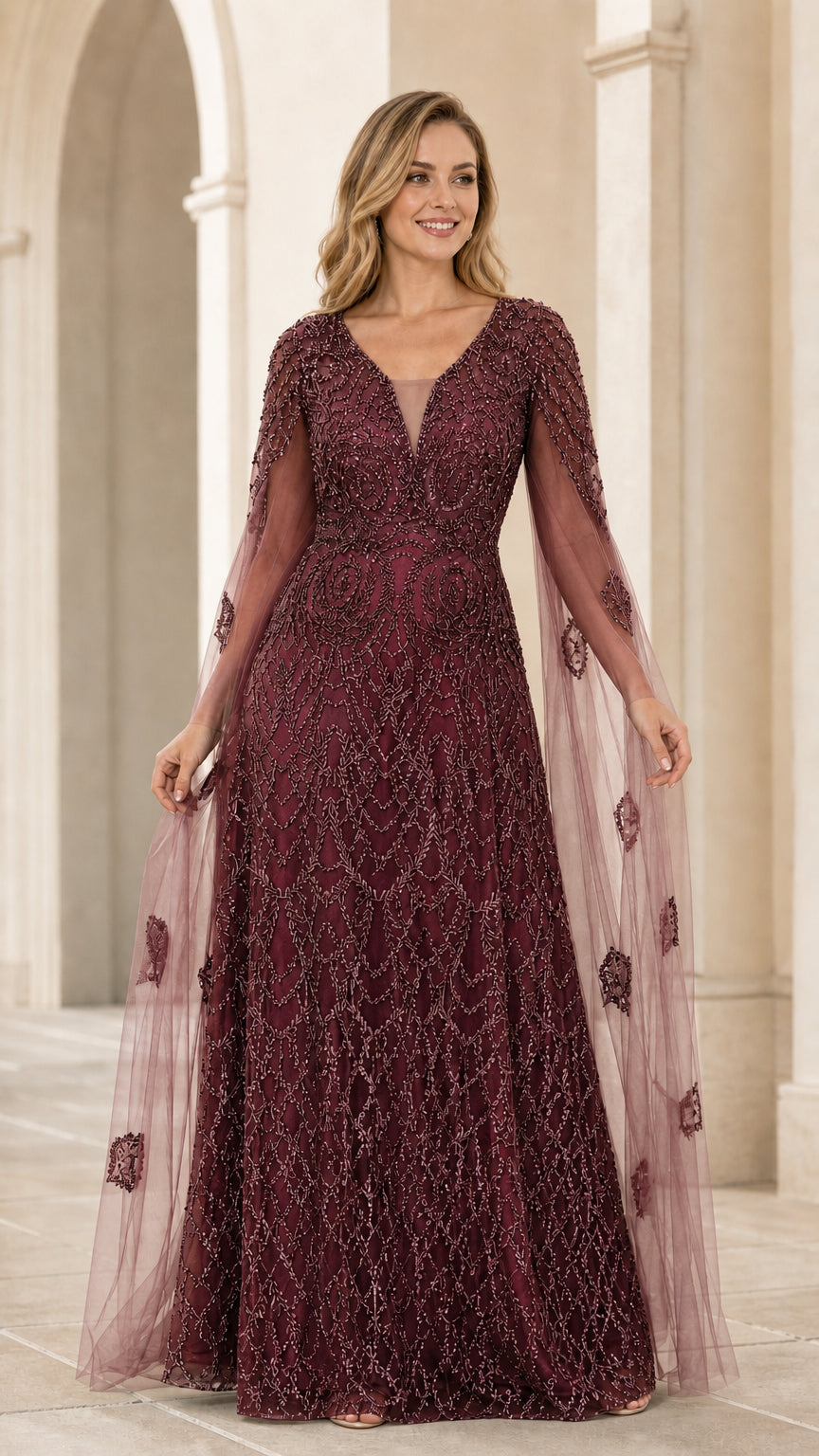 Burgundy wine beaded floor-length evening dress with attached sheer cape