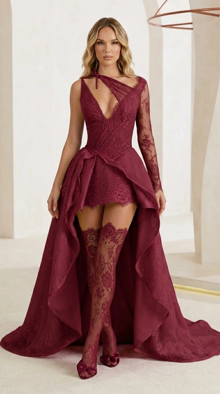 Front view of burgundy color variant with matching stockings