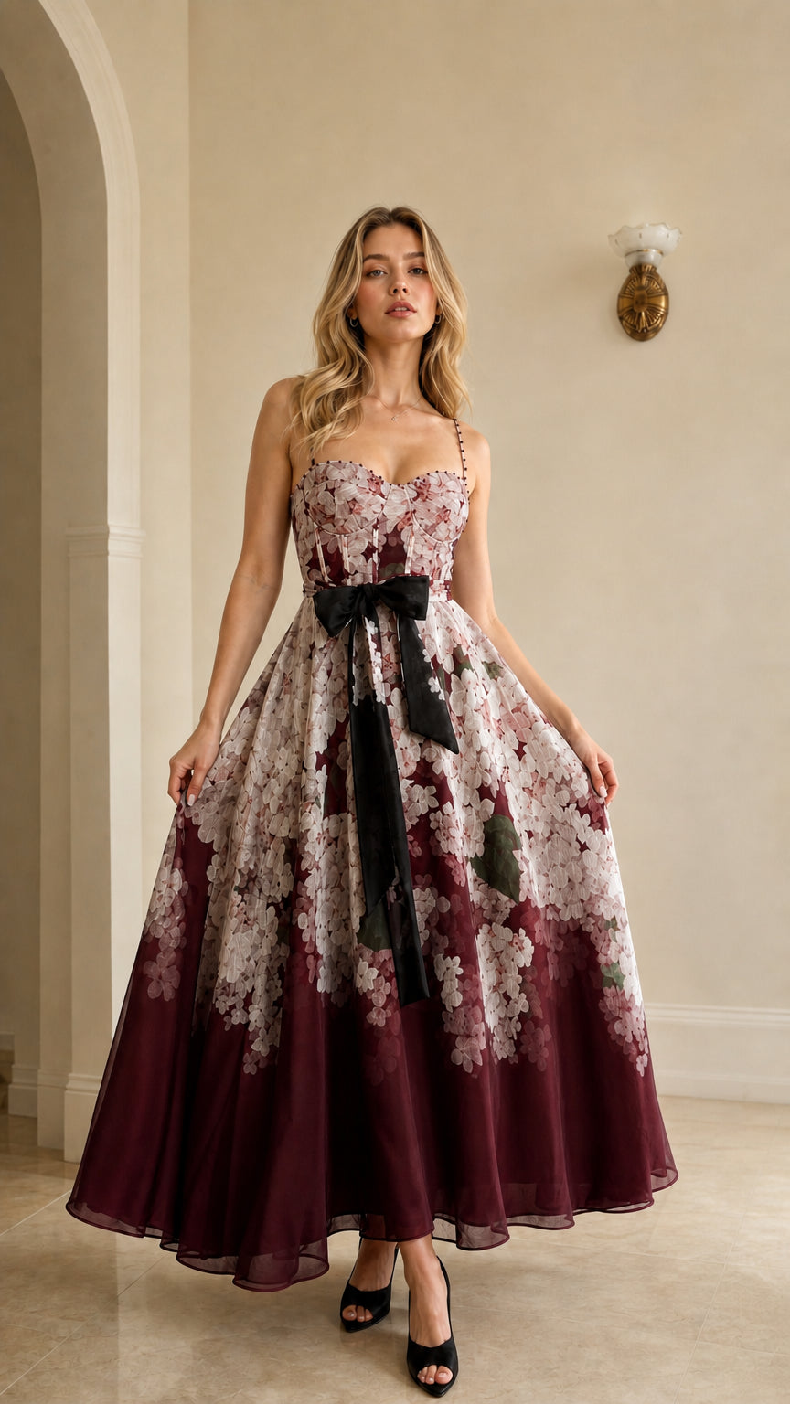 Burgundy color variant of the floral ombre maxi dress