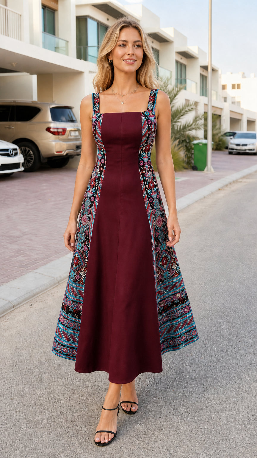 Model wearing burgundy geometric paneled midi dress