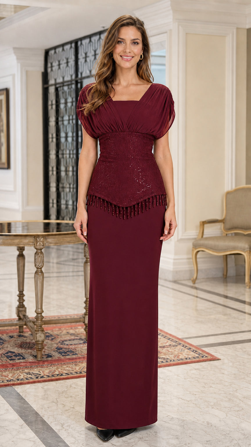 Burgundy formal evening column dress with ruched cap sleeves and fringe detail