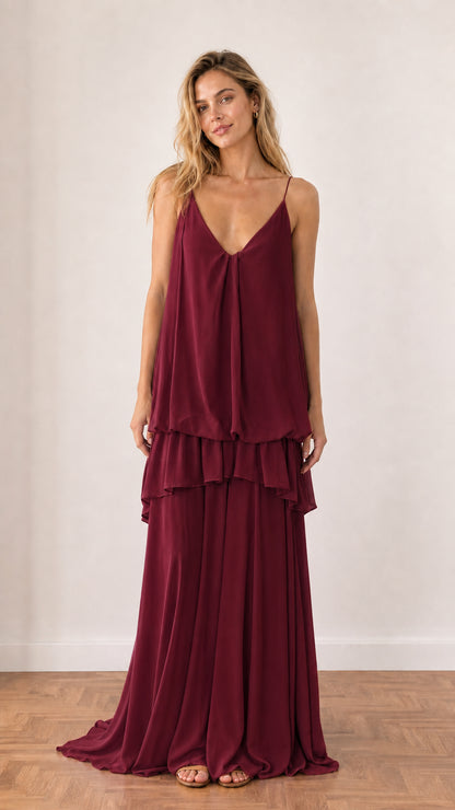 Model wearing Burgundy red tiered cami slip maxi dress