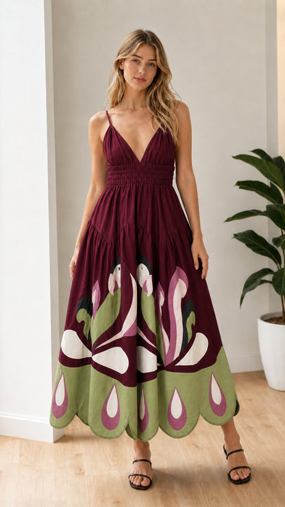 Burgundy color variant of the floral border maxi dress