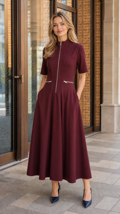 Woman wearing burgundy zip-front midi dress